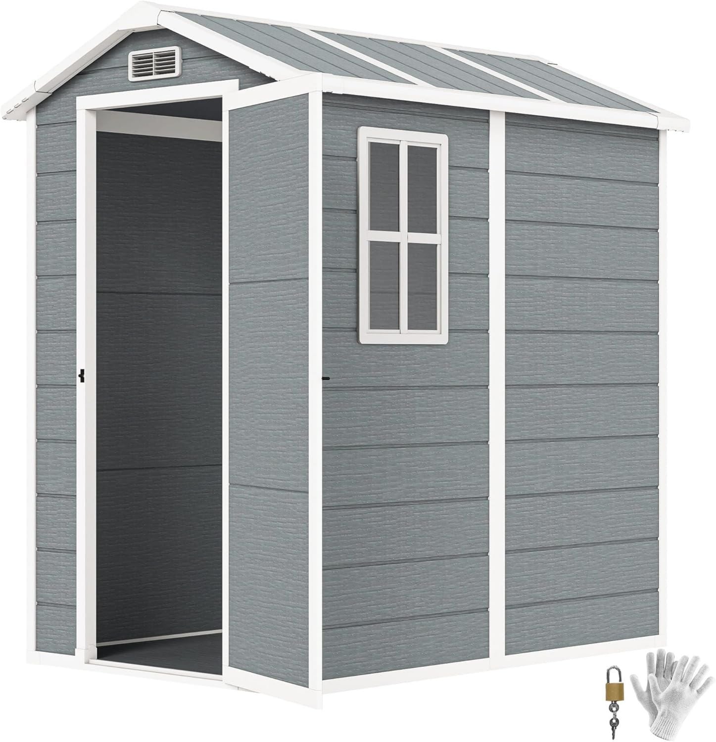 Outsunny Casetta da Giardino 2.1m² in PP e Alluminio con Pavimento Grigio Capanno da Giardino Porta Attrezzi Doppia Porta Bloccabile Prese d Aria Finestre Tetto Inclinato Guanti